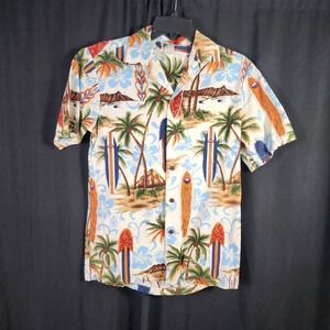 Aloha Republic Mens Small Hawaiian Shirt Surfboard Palm Tree Cotton Made in USA